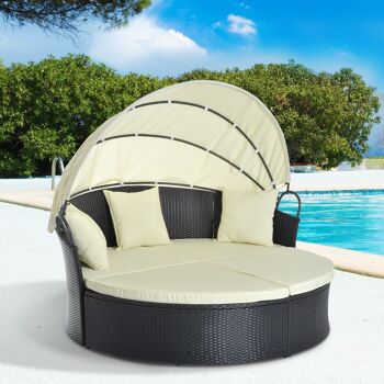 Lit canapé de jardin modulable grand confort pare-soleil pliable intégré 4 coussins 3 oreillers 171L x 180l x 155H cm métal résine tressée polyester noir beige 2