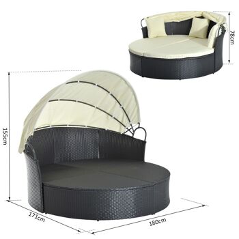 Lit canapé de jardin modulable grand confort pare-soleil pliable intégré 4 coussins 3 oreillers 171L x 180l x 155H cm métal résine tressée polyester noir beige 3