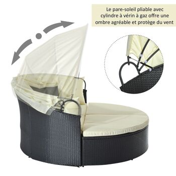 Lit canapé de jardin modulable grand confort pare-soleil pliable intégré 4 coussins 3 oreillers 171L x 180l x 155H cm métal résine tressée polyester noir beige 5