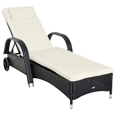 Hochkomfort-Liegestuhl: Matratze, Kopfstütze, mehrfach verstellbare Neigung, Armlehnen, dunkelbraune Räder aus geflochtenem Harz