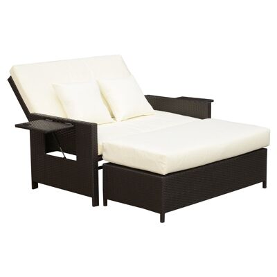 2-seater garden set: sofa with reclining backrest, shelves with built-in mattress and cushions + footrest chocolate woven resin, cream polyester