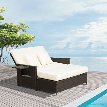 Ensemble de jardin 2 places : canapé dossier inclinable tablettes coffre matelas et coussins intégrées + repose-pieds résine tressée chocolat polyester crème 2