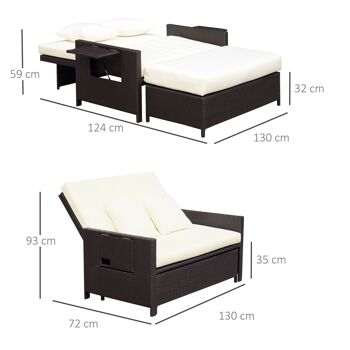 Ensemble de jardin 2 places : canapé dossier inclinable tablettes coffre matelas et coussins intégrées + repose-pieds résine tressée chocolat polyester crème 3