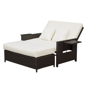 Ensemble de jardin 2 places : canapé dossier inclinable tablettes coffre matelas et coussins intégrées + repose-pieds résine tressée chocolat polyester crème 5