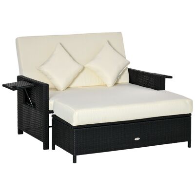 2-seater garden set: sofa with reclining backrest, chest shelves, integrated mattress and cushions + footrest, black 4-ply woven resin, cream polyester