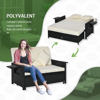 Ensemble de jardin 2 places : canapé dossier inclinable tablettes coffre matelas et coussins intégrées + repose-pieds résine tressée 4 fils noire polyester crème 4