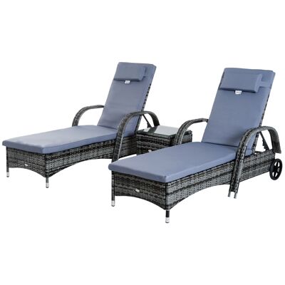 Set of 2 comfortable sunbathing deckchairs: mattress, headrest, multi-position adjustable tilt, armrests, wheels + coffee table tempered glass gray braided resin