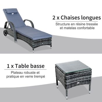 Lot de 2 transats bains de soleil grand confort : matelas, têtière, inclinaison réglable multipositions, accoudoirs, roulettes + table basse verre trempé résine tressée gris 5