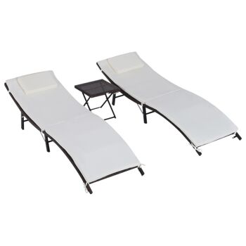 Lot de 2 transats bains de soleil pliables grand confort : matelas, têtière + table basse résine tressée chocolat 1