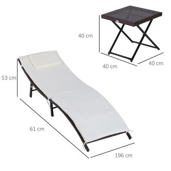 Lot de 2 transats bains de soleil pliables grand confort : matelas, têtière + table basse résine tressée chocolat 3