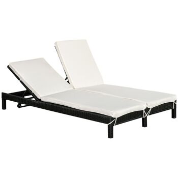 Bain de soleil transat 2 places - grand confort - dossier inclinable multi-positions - matelas fournis crème - résine tressée 4 fils noir 1