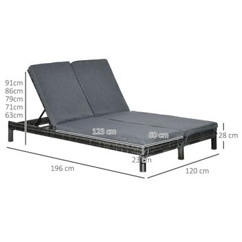 Bain de soleil transat 2 places - grand confort - dossier inclinable multi-positions - matelas fournis - résine tressée gris 3