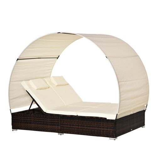 Lit de jardin modulable bain de soleil 2 places grand confort pare-soleil amovible matelas tétière crème résine tressée 4 fils chocolat