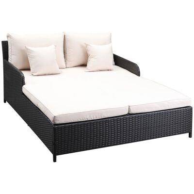 Outsunny Sofá cama doble para jardín en mimbre PE con colchón, reposabrazos y 4 cojines Dim. 158L x 134W x 70H cm - marrón y crema