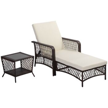 Bain de soleil transat design colonial avec table basse et matelas - dossier inclinable - résine tressée, polyester - marron crème 1