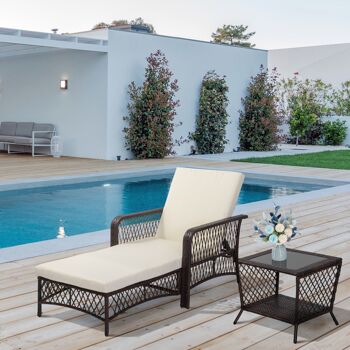 Bain de soleil transat design colonial avec table basse et matelas - dossier inclinable - résine tressée, polyester - marron crème 2