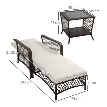 Bain de soleil transat design colonial avec table basse et matelas - dossier inclinable - résine tressée, polyester - marron crème 3