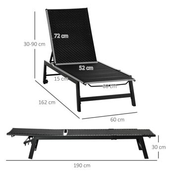 Bain de soleil transat grand confort - dossier inclinable 5 positions roulettes - châssis alu. résine tressée noire 3