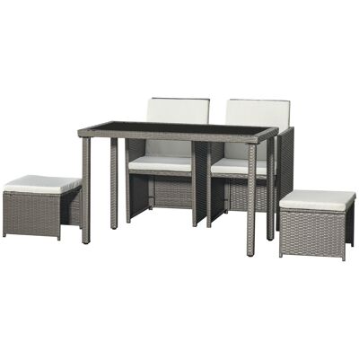 Outsunny Set mobili da giardino da incasso 2 poltrone monoblocco + 2 sgabelli + tavolino in vimini resina cuscini rimovibili grigio crema