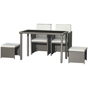 Outsunny Ensemble salon de jardin encastrable 2 fauteuils monoblocs + 2 tabourets + table basse résine tressée coussins déhoussables crème gris 1