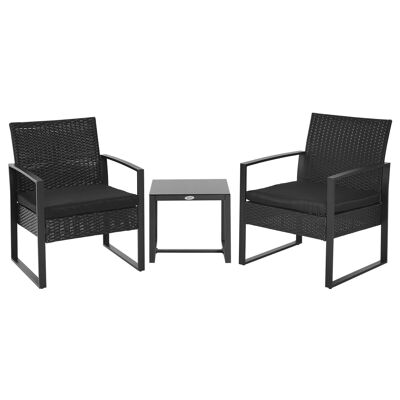 2-seater garden set 3 pieces 2 chairs with cushions + coffee table tempered glass top 4-ply braided resin imitation black rattan