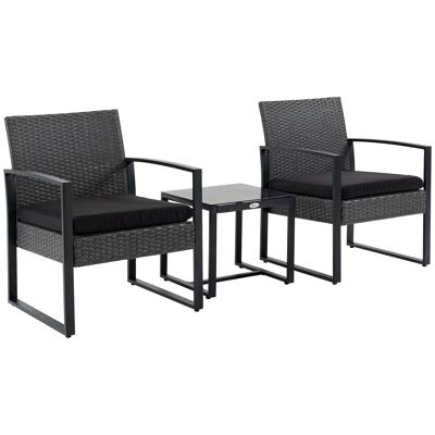 2-seater garden furniture 3 pieces 2 chairs with cushions + coffee table tempered glass top woven resin black rattan look
