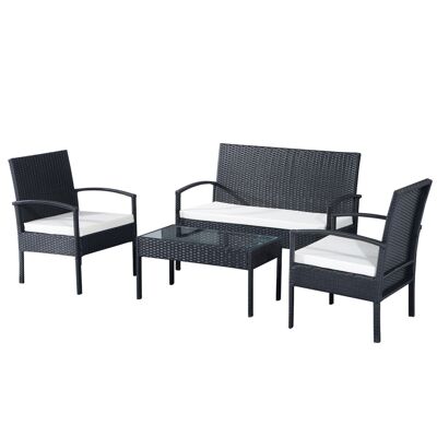 Conjunto de muebles de jardín de 4 plazas Outsunny: sofá, 2 sillones y mesa de centro tapa de cristal templado trenzado de 4 capas de resina imitación ratán negro cojines blancos