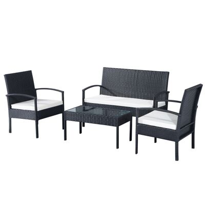 Outsunny 4-Sitzer-Gartenmöbel-Set: Sofa, 2 Sessel und Couchtisch, Platte aus gehärtetem Glas, 4-lagige geflochtene Kissen aus schwarzem Rattan im Kunstharz-Stil, weiße Kissen