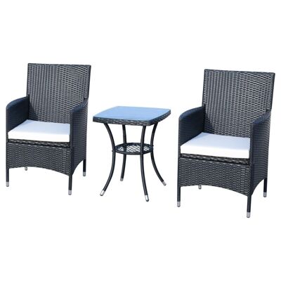 2-seater garden furniture set: 2 armchairs and coffee table tempered glass top, 4-ply braided resin imitation rattan with black cushions