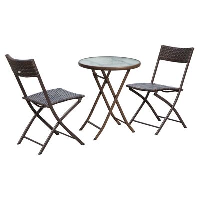 2-seater garden furniture set foldable round table tempered glass top folding chairs chocolate braided resin