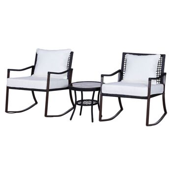 Outsunny Ensemble de jardin 3 pièces style cosy 2 fauteuils à bascule avec coussins assise dossier + table basse résine tressée brun crème 1