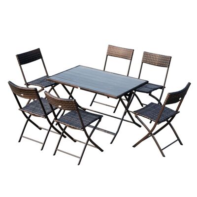 Gartenmöbel-Set für 6 Personen, großer klappbarer rechteckiger Tisch + 6 Metall-Klappstühle aus geflochtenem PS-Harz in Schokoladenbraun