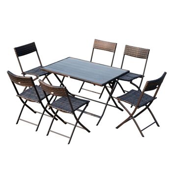 Ensemble salon de jardin 6 personnes grande table rectangulaire pliable + 6 chaises pliantes métal résine tressée PS chocolat 1