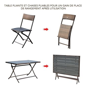 Ensemble salon de jardin 6 personnes grande table rectangulaire pliable + 6 chaises pliantes métal résine tressée PS chocolat 4