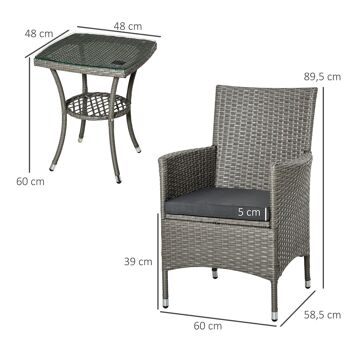 Outsunny Ensemble salon de jardin 2 places : 2 fauteuils et table basse plateau verre trempé résine tressée imitation rotin avec coussins gris 4