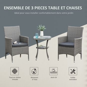 Outsunny Ensemble salon de jardin 2 places : 2 fauteuils et table basse plateau verre trempé résine tressée imitation rotin avec coussins gris 5