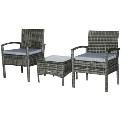 2-seater 3-piece garden furniture set wicker imitation rattan with gray cushions