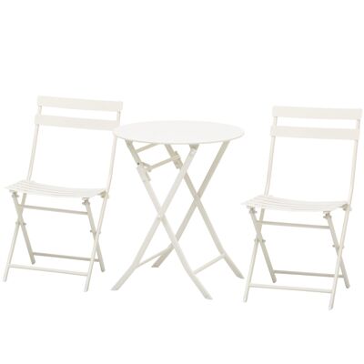 Muebles de jardín bistró plegables - mesa redonda Ø 60 cm con 2 sillas plegables - metal con recubrimiento de polvo blanco