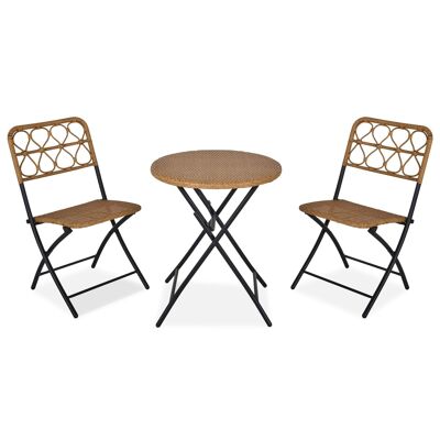Garten-Bistro-Set, 3 klappbare Teile, gemütlicher Stil, 2 Stühle + Tisch, beige, geflochtenes Kunstharz, schwarzer Epoxidstahl