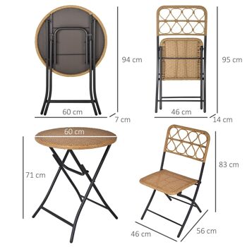 Ensemble bistro de jardin 3 pièces pliantes style cosy 2 chaises + table résine tressée beige acier époxy noir 3