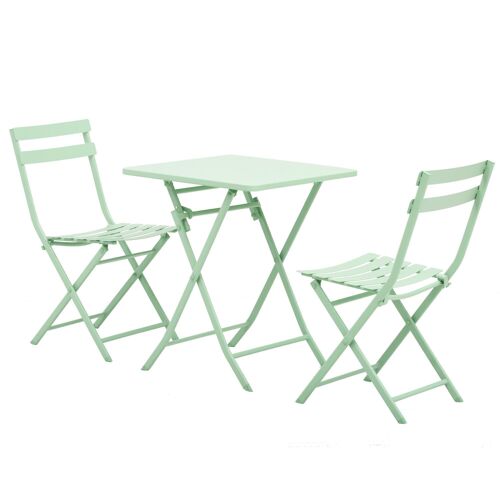 Salon de jardin bistro pliable - table carrée dim. 60L x 60l x 71H cm avec 2 chaises - métal thermolaqué vert d'eau