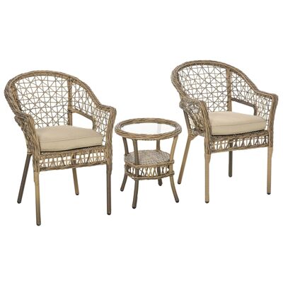 Outsunny Bohemian chic style garden bistro set 2 armchairs with cushions + beige woven resin coffee table