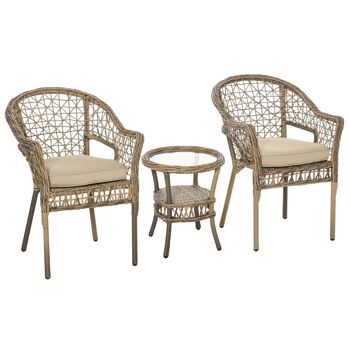Outsunny Ensemble bistro de jardin style bohème chic 2 fauteuils avec coussins + table basse résine tressée beige 1