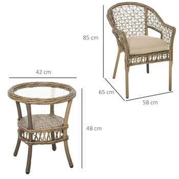 Outsunny Ensemble bistro de jardin style bohème chic 2 fauteuils avec coussins + table basse résine tressée beige 3