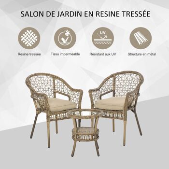 Outsunny Ensemble bistro de jardin style bohème chic 2 fauteuils avec coussins + table basse résine tressée beige 4