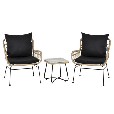 Outsunny Conjunto de muebles de jardín de estilo exótico de 3 piezas 2 sillones con cojines + mesa de centro mimbre de resina beige metal epoxi negro