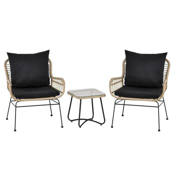 Outsunny Ensemble salon de jardin 3 pièces style exotique 2 fauteuils avec coussins + table basse résine tressée beige métal époxy noir 1