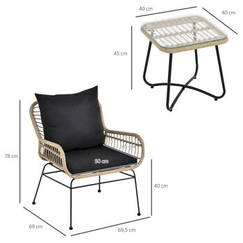 Outsunny Ensemble salon de jardin 3 pièces style exotique 2 fauteuils avec coussins + table basse résine tressée beige métal époxy noir 3