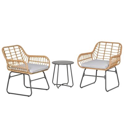 Outsunny 2-Sitzer 3-teiliges Garten-Bistro-Set im exotischen Stil, 2 Sessel + Couchtisch, beiges Kunstharzgeflecht, grauer Epoxidstahl