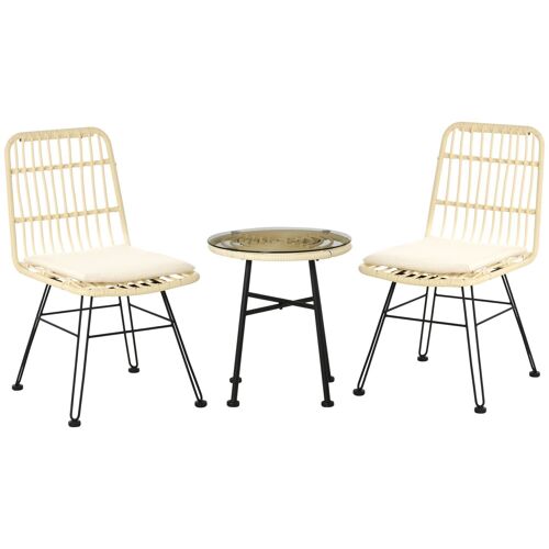 Ensemble bistro de jardin 2 places 3 pièces style exotique 2 chaises + table basse ronde métal époxy noir résine tressée beige